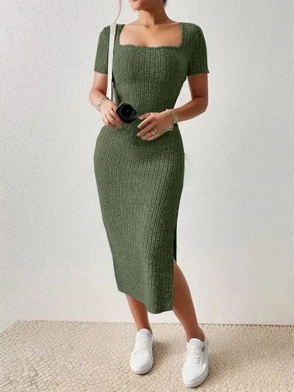 Square Neck Knitted Slit Dress Mid-Calf Sleeveless Hip-Hugging