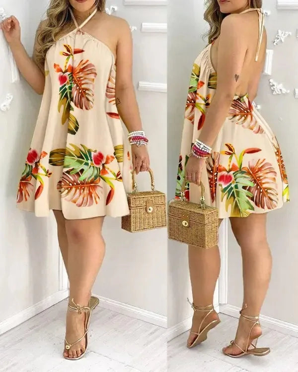 Tropical Print Halter Neck Backless Mini Dress