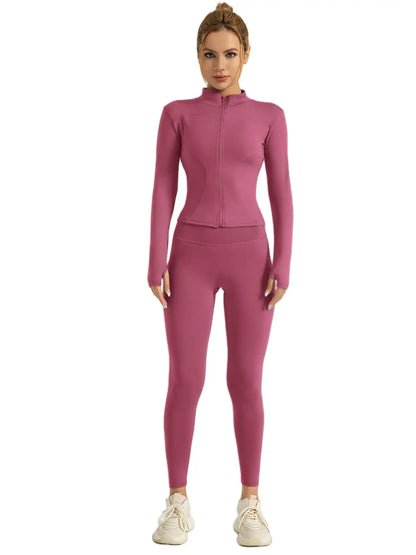Mock Neck Zip-Up Jacket & High Waist Leggings Set