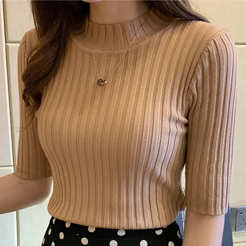 Women's Knitted Pullover - Half High Collar Short Sleeve Top