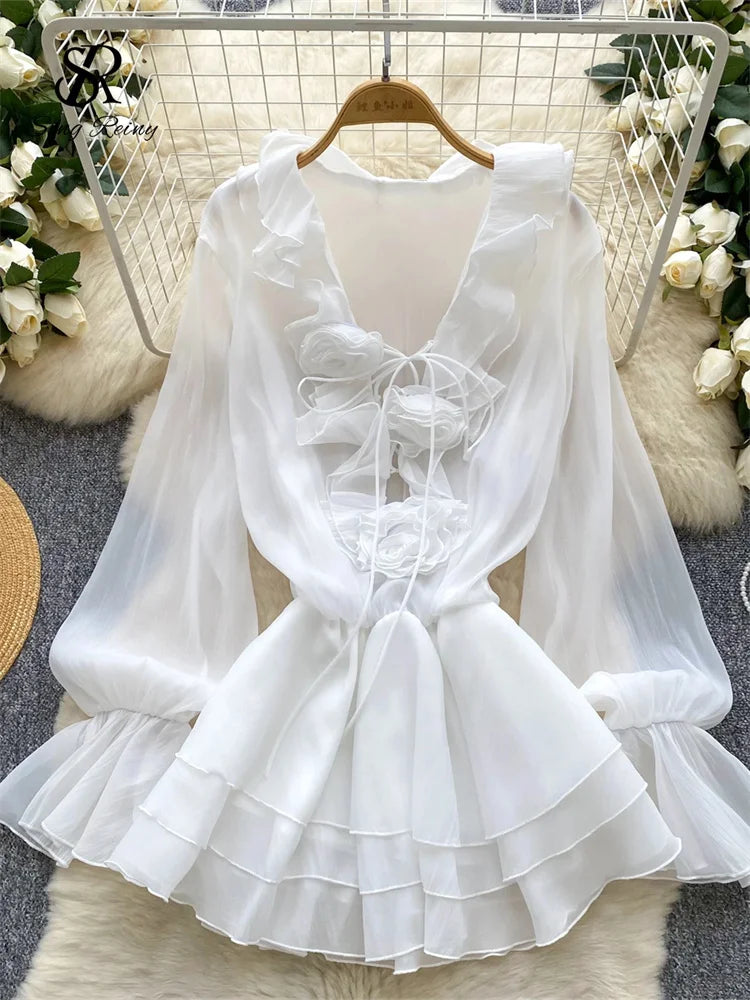 Women's 3D Floral Chiffon Dress - Long Sleeve Beach Sundress