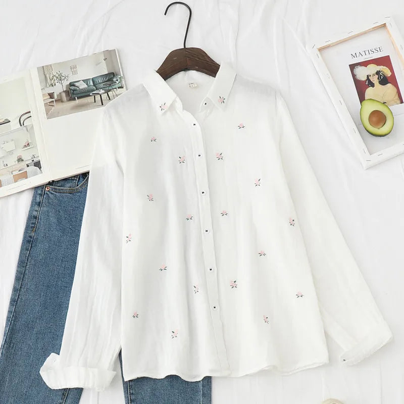 Women's Embroidered Cotton Shirt - Long Sleeve Floral Blouse