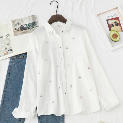 Women's Embroidered Cotton Shirt - Long Sleeve Floral Blouse