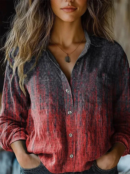 Women's Vintage Print Cotton Linen Shirt - Long Sleeve Casual Blouse