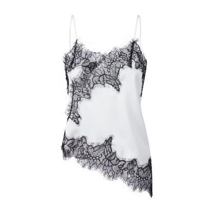 Combhasaki Women Floral Lace Trim Satin High Low Vest Silk Spaghetti Strap Side Split Asymmetrical Cami Flowy Silky Layering Top
