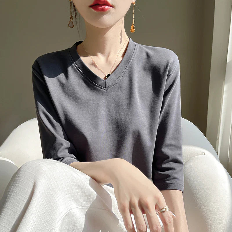 Women's Cotton V-Neck Cropped Sleeve T-Shirt