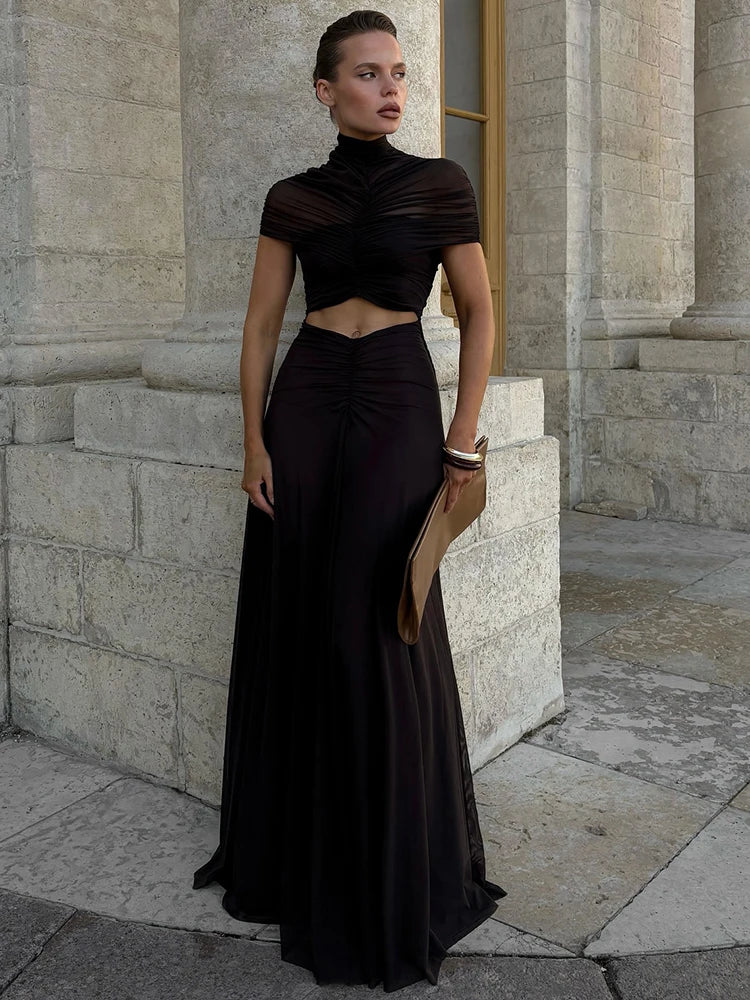 Hollow Out Short Sleeve Ruched High Waist Bodycon Maxi Dress