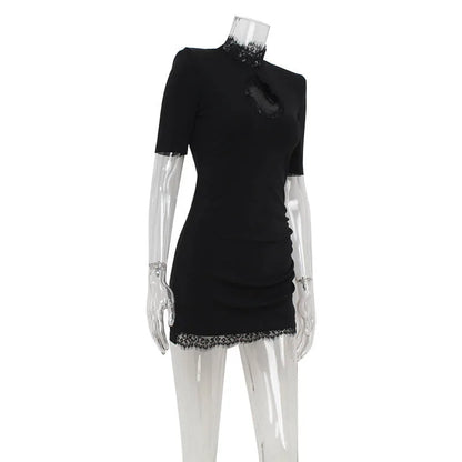 Lace Patchwork Hollow Out Bodycon Sheath High Collar Women Dresses Half Sleeves Outfits Sexy Club Fashion Female Mini Vestidos