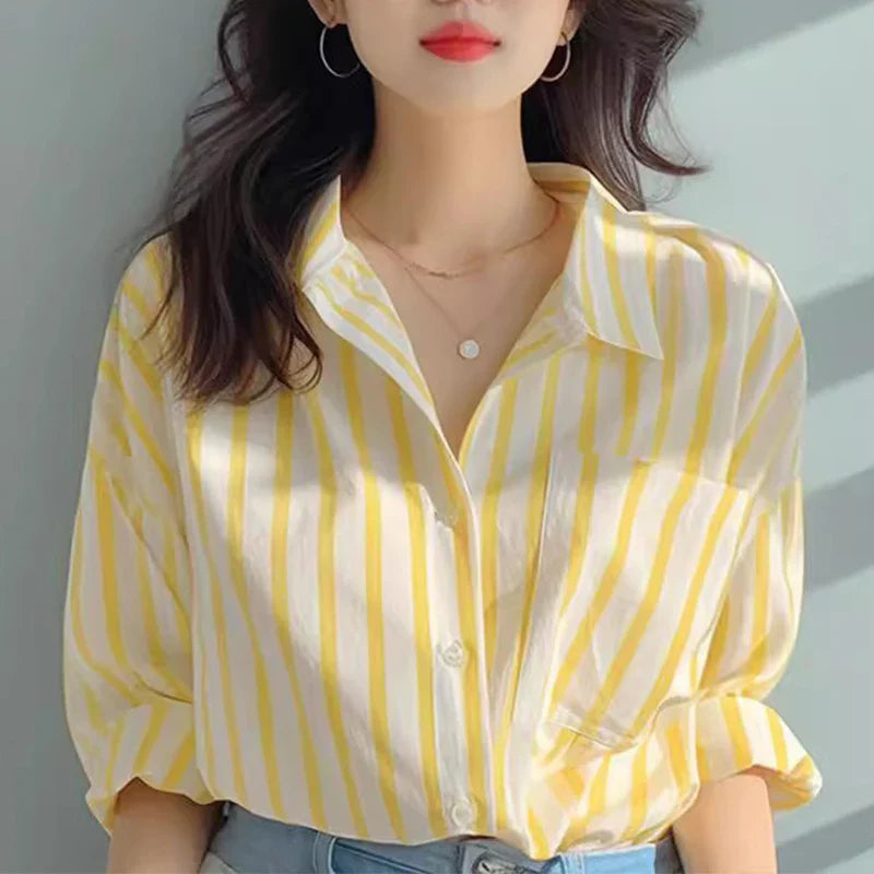 Women's Striped Shirt - Vertical Stripe Turn-Down Collar Long Sleeve Blouse