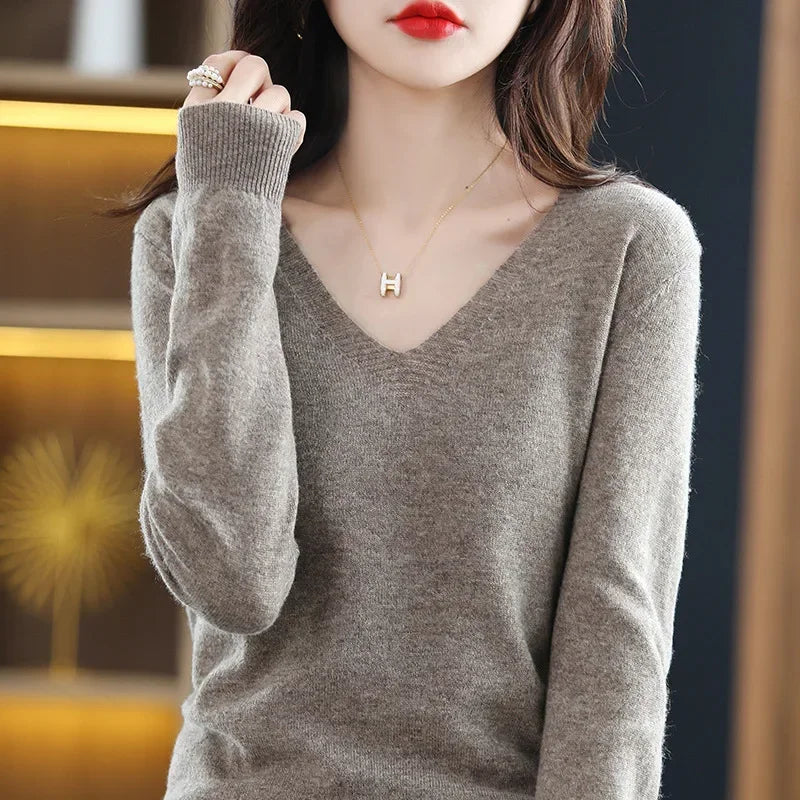 V-Neck Knit Sweater Long Sleeve Slim Fit Pullover