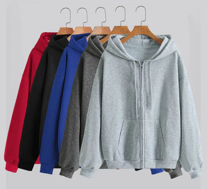 Hooded Zip-Up Fleece Jacket Long Sleeve Loose Fit with Fur Liner