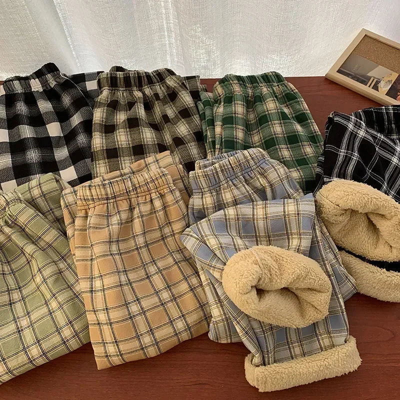 Plaid Wide Leg Plush Pants Warm Cashmere Loose Mid Waist Casual