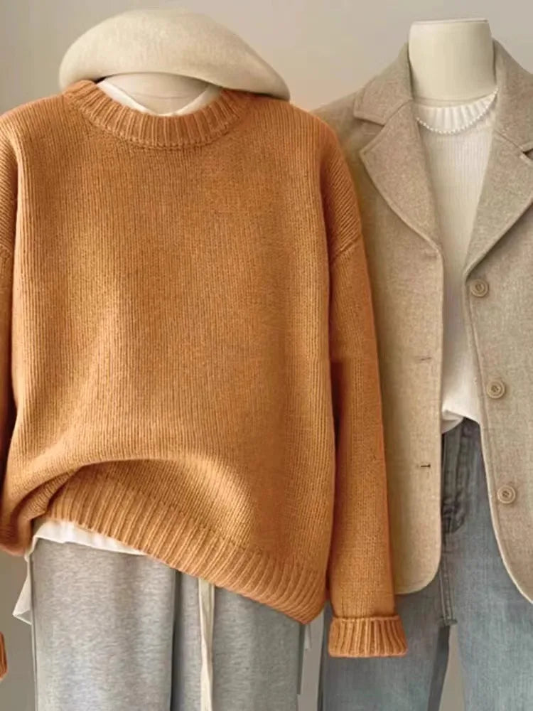 Round Neck Cashmere Sweater Long Sleeve Loose Fit Pullover