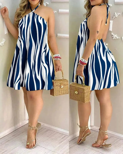 Tropical Print Halter Neck Backless Mini Dress