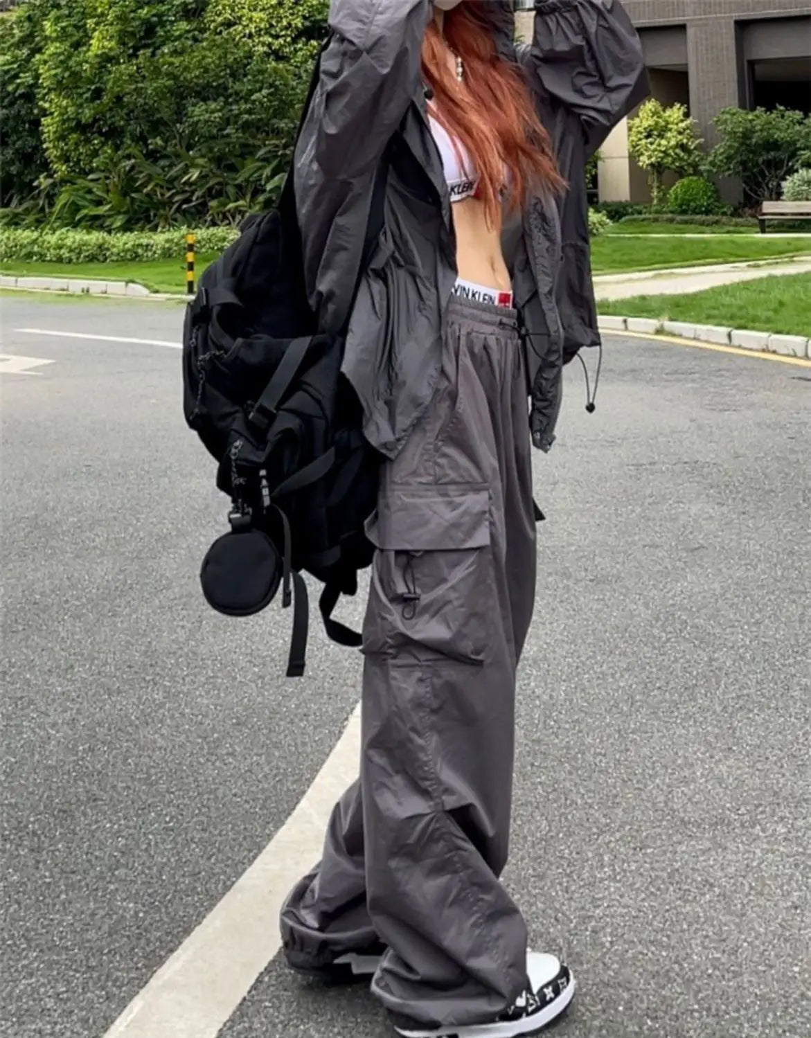 Parachute Cargo Pants High Waist Wide Leg Baggy Pockets Streetwear