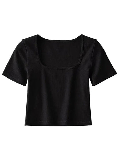 Square Neck Ribbed Short Sleeve Crop Top