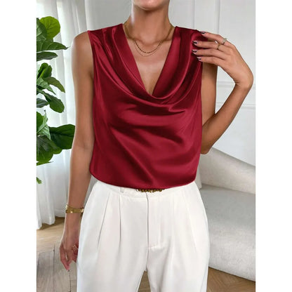 Satin V-Neck Draped Ruffle Sleeveless Tank Top