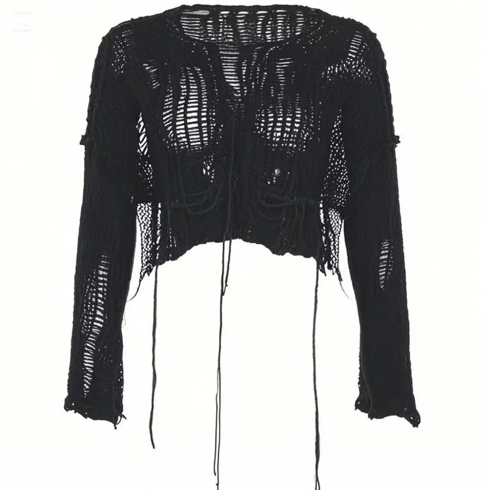 Round Neck Hollow-Out Cropped Knit Top Long Sleeve Loose Fit