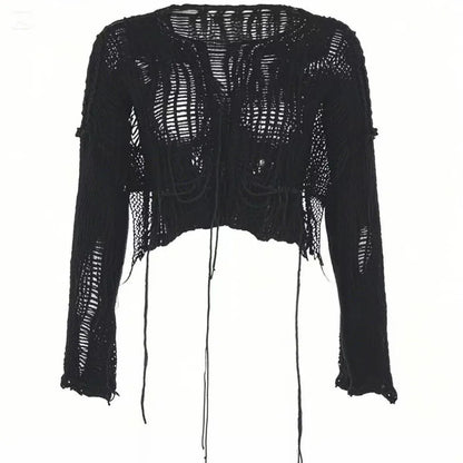 Round Neck Hollow-Out Cropped Knit Top Long Sleeve Loose Fit