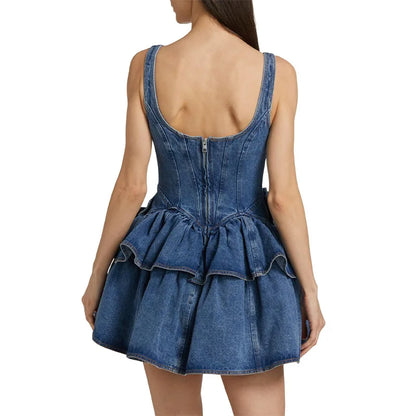 3D Floral Denim Halter A-Line Maxi Dress
