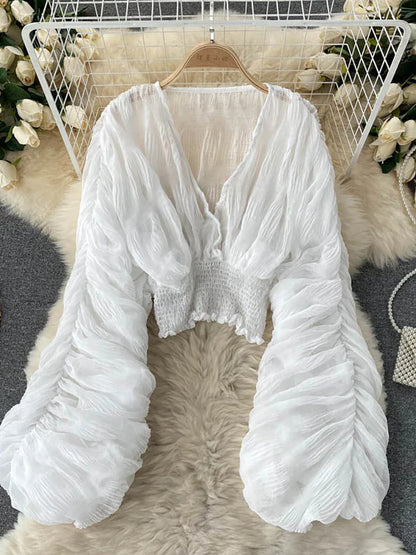 V-Neck Puff Sleeve Draped Chiffon Top