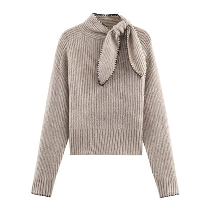 Bow Collar Knit Sweater Long Sleeve Regular Fit Pullover