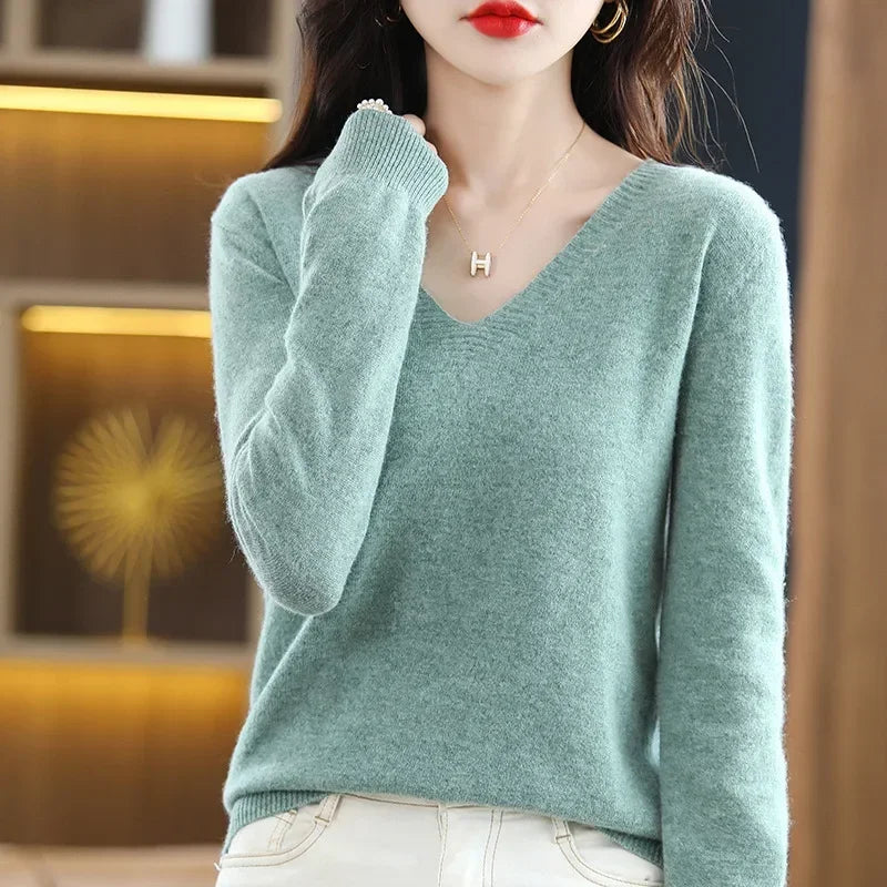 V-Neck Knit Sweater Long Sleeve Slim Fit Pullover