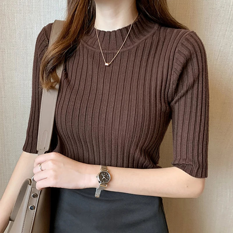 Women's Knitted Pullover - Half High Collar Short Sleeve Top
