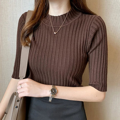 Women's Knitted Pullover - Half High Collar Short Sleeve Top