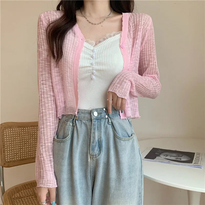 Women's V-Neck Long Sleeve Ice Silk Knit Sheer Cardigan Top