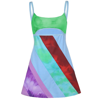 Women’s Casual Sweet Suspender A-line Dress Fashion Contrast Color U-neck Hollow Short Dress