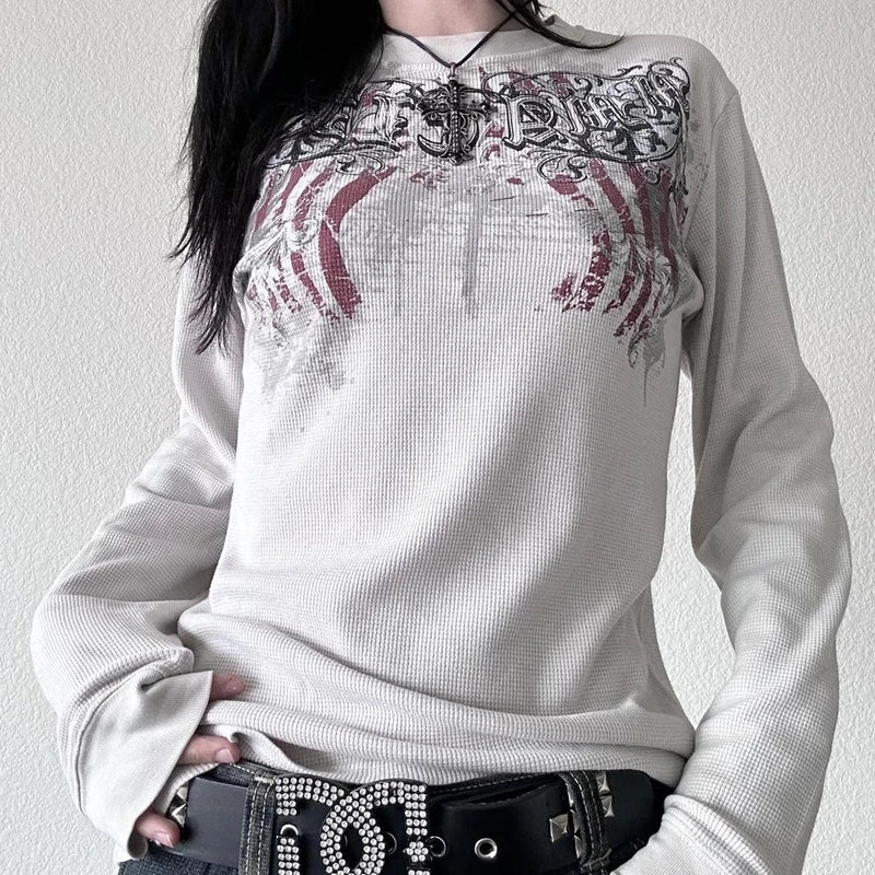 Goth Thermal T-shirt Skulls Graphic Print Long Sleeve Pullovers Tops Women 90s Vintage Aesthetic Tees