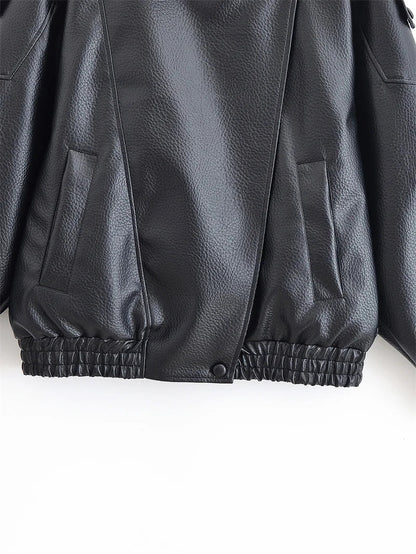 Long Sleeve Pebble Faux Leather Jacket Motorcycle Style Personality Fashion