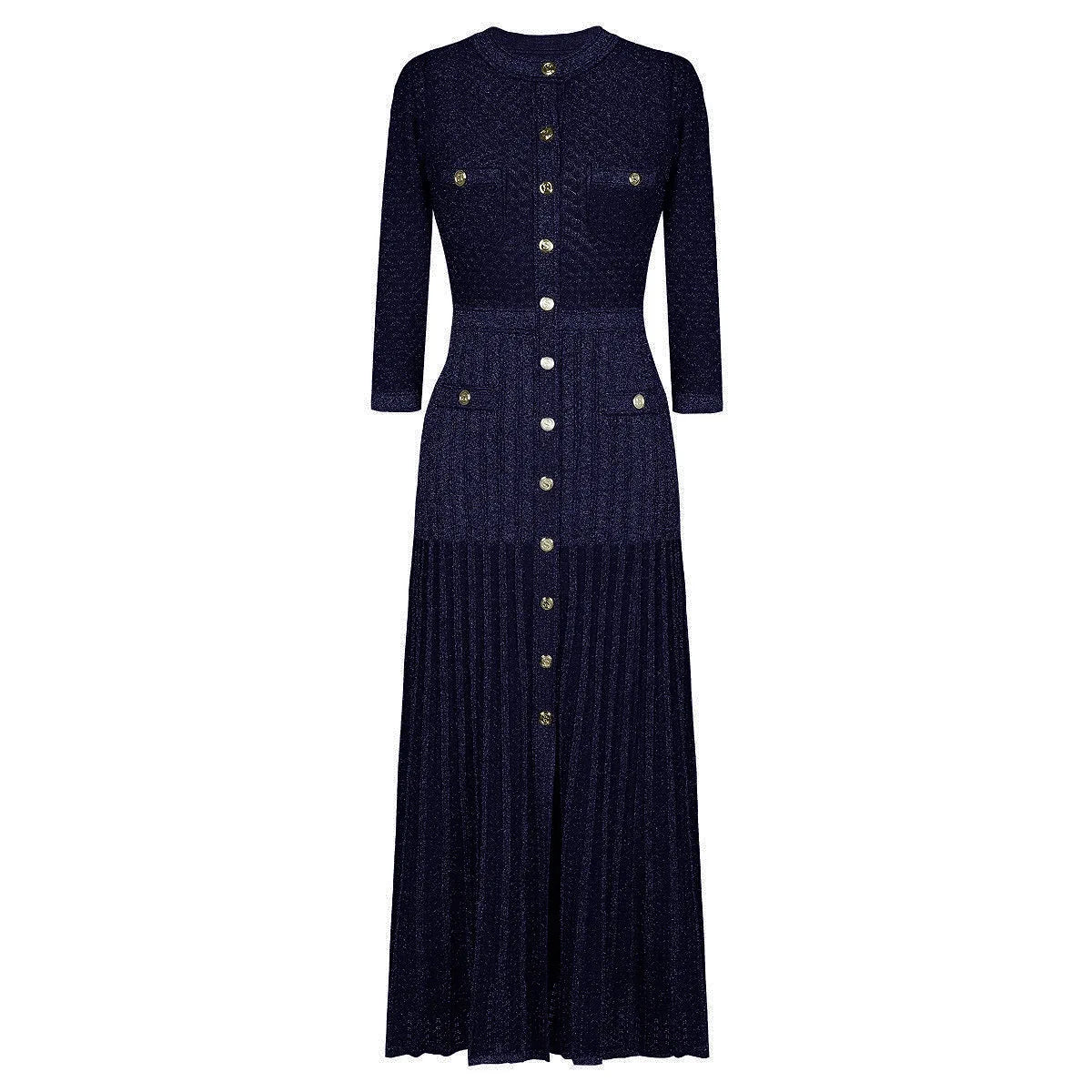 Knitted Midi Dress Round Neck Long Sleeve See-Through Slimming Street Style