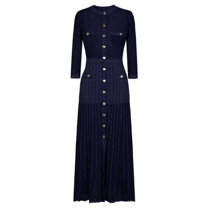 Knitted Midi Dress Round Neck Long Sleeve See-Through Slimming Street Style