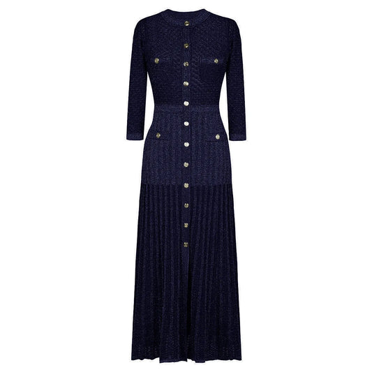 Knitted Midi Dress Round Neck Long Sleeve See-Through Slimming Street Style
