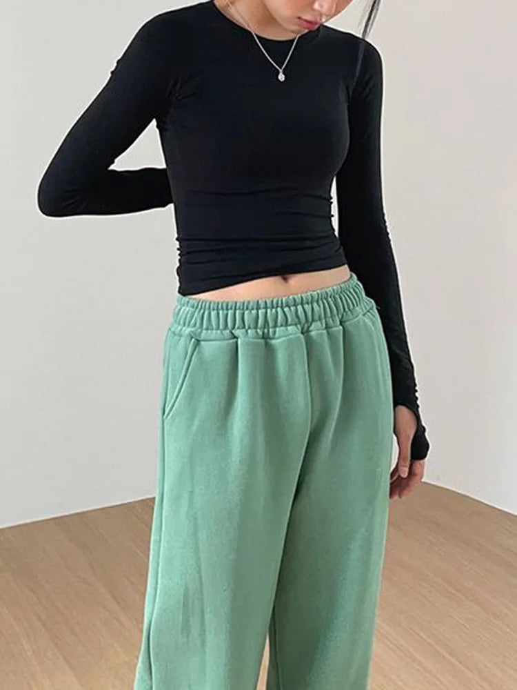 Women Casual Slim Fit Long Sleeve O-Neck T-shirts Tops Spring Fall Solid Color Tees with Thumb Holes Streetwear