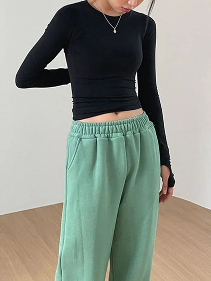 Women Casual Slim Fit Long Sleeve O-Neck T-shirts Tops Spring Fall Solid Color Tees with Thumb Holes Streetwear