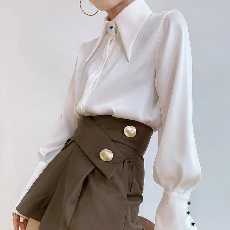 Women's Satin Silk Blouse - Long Sleeve Office Shirt