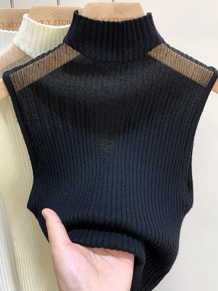 Mesh Knit Half Neck Cut Out Sleeveless Tube Top