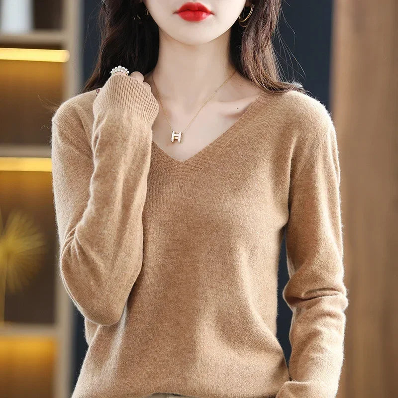 V-Neck Knit Sweater Long Sleeve Slim Fit Pullover