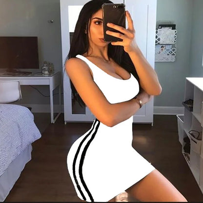 Spaghetti Strap Sleeveless Sexy Stretch Slim Contrast Striped Dresses
