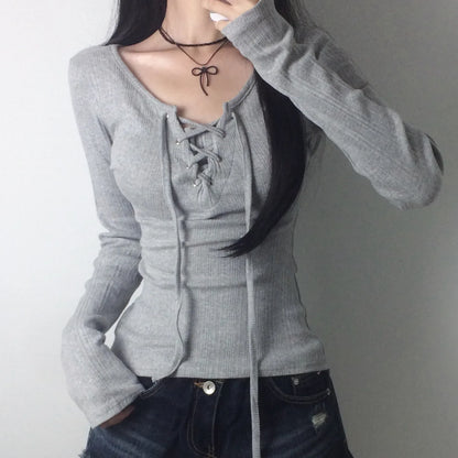 Women's Drawstring Grommet Long-Sleeve Top