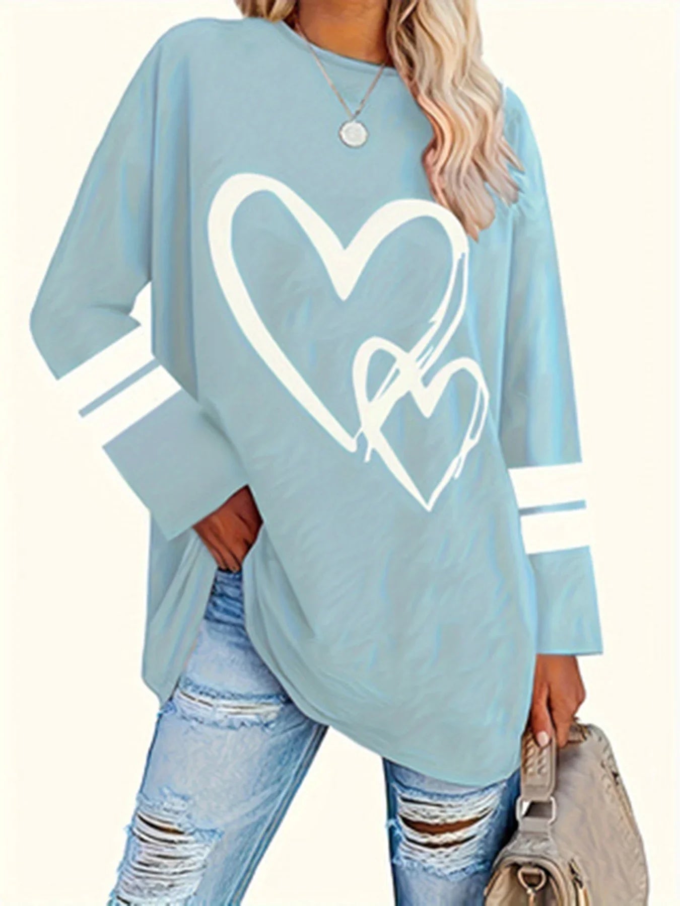 Women's Heart Print Eyelet Long-Sleeve Top