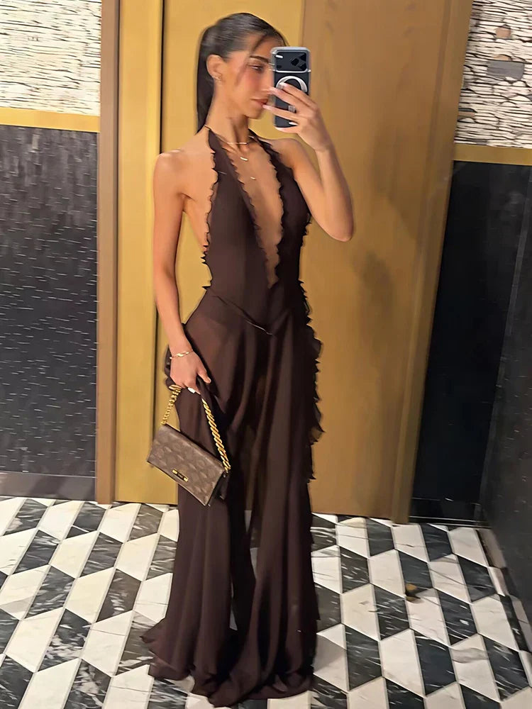 Halter Deep V-Neck Backless High Split Maxi Dress