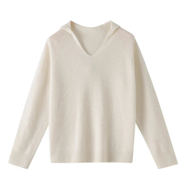 Hooded Merino Wool Sweater Long Sleeve Loose Fit Pullover