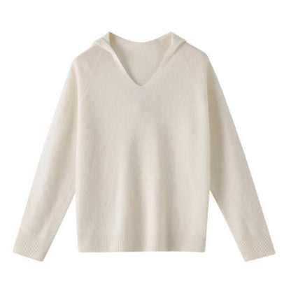 Hooded Merino Wool Sweater Long Sleeve Loose Fit Pullover