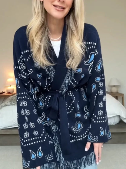 Women's Geometric Print Cardigan - Tassel Patchwork Knit Sweater