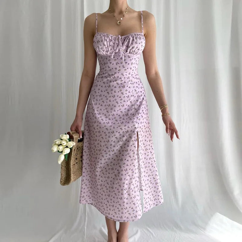 V-Neck Floral Print Lace-Up Midi Dress