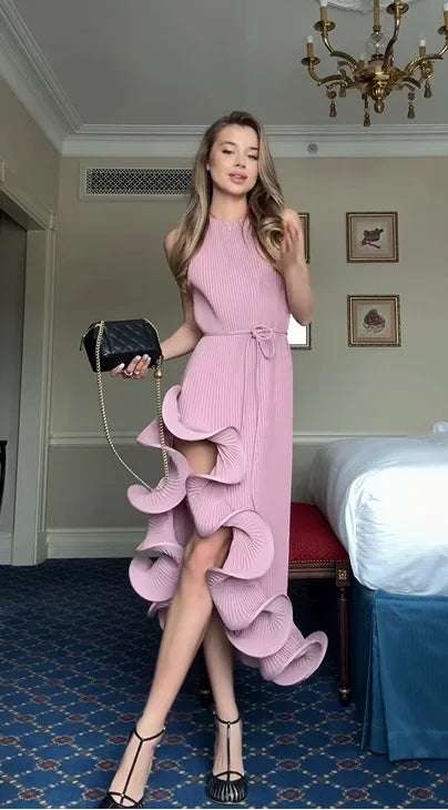 Elegant Irregular Ruffle Halter Dress Women Sleeveless Off-Shoulder Lace-Up Midi Gown Evening Party Dress